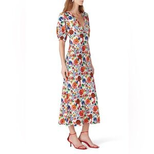 Rixo Steph Tie Back Floral Print Crepe Midi Dress XS Cottagecore Garden